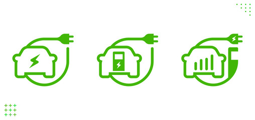 Green electric car with plug, ev charge station.Recharger station. Friendly eco energy. Sustainable green energy. Vector illustration.	

