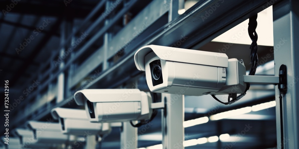 Poster a row of surveillance cameras in a building. this image can be used to depict security, surveillance