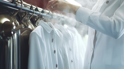 A person in a white coat examining a display of shirts. Suitable for showcasing clothing options or retail store promotions - obrazy, fototapety, plakaty