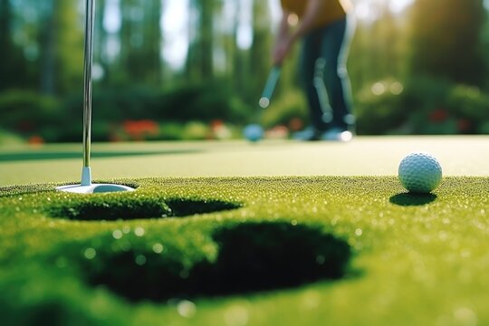 A golf ball is pictured sitting on top of a green putting hole. This image can be used for sports-related designs or to illustrate the game of golf