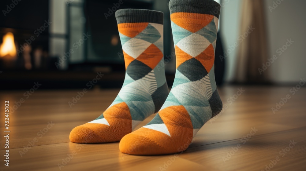Poster a simple yet striking image of a pair of socks sitting on top of a wooden floor.