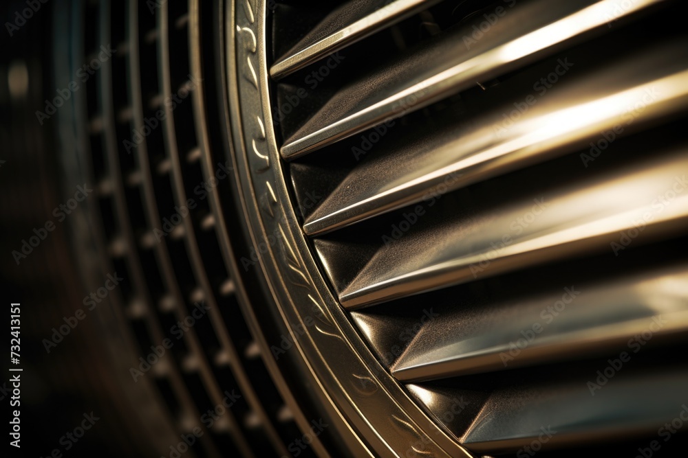 Poster A detailed close up view of a jet engine. This image can be used to depict the intricate mechanics and technology of aviation