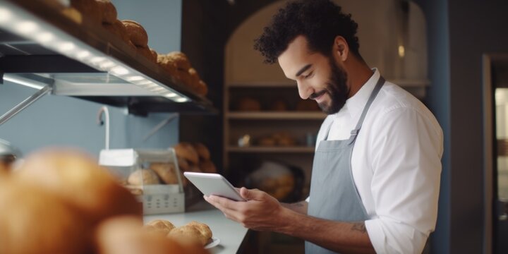 A man is seen standing in front of a counter, holding a tablet. This versatile image can be used to depict technology, customer service, or business interactions