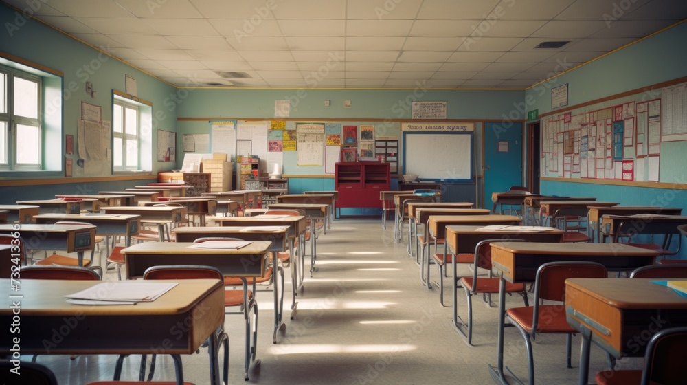 Poster An empty classroom with rows of desks and chairs. Perfect for educational or school-related projects