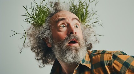 Eccentric senior man with grass hair, expressing surprise. perfect for creative projects. humorous and whimsical portrait. AI