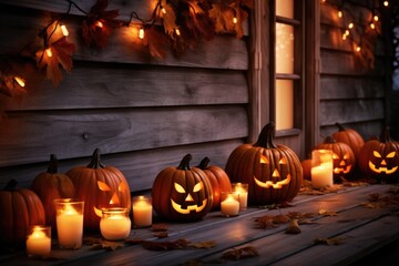 A row of carved pumpkins sitting on a porch. Perfect for Halloween decorations