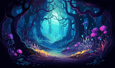 mystical forest with bioluminescent plants vector isolated illustration