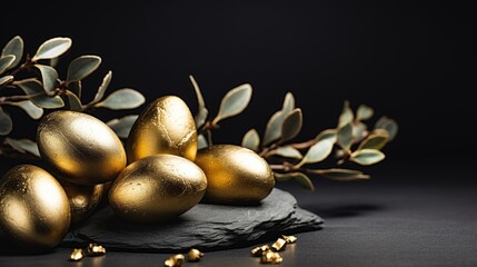 A bunch of golden eggs sitting on top of a stone. Perfect for illustrating wealth, abundance, or a treasure hunt