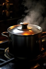 A pot on a stove with steam rising from it. Suitable for cooking and food-related concepts