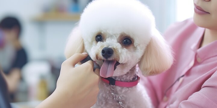 A woman is grooming a white poodle. This image can be used for pet grooming services or as a representation of pet care