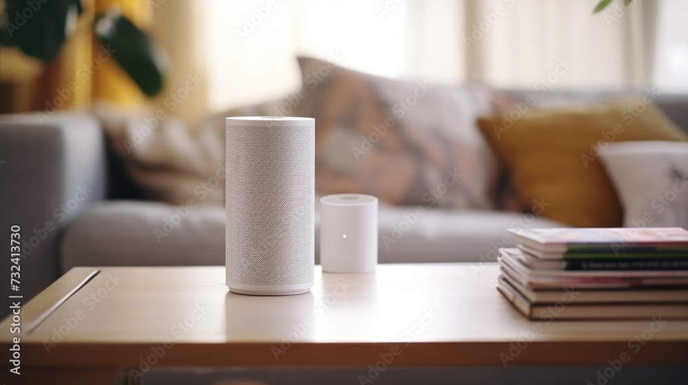 Poster A coffee table with two speakers placed on top. Perfect for creating an immersive audio experience while enjoying a cup of coffee.
