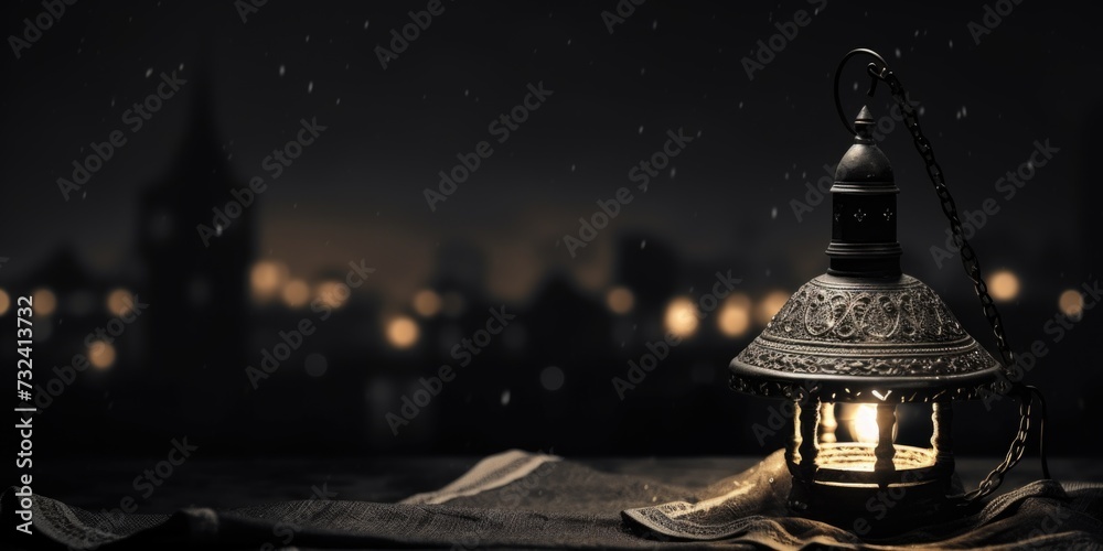 Poster A lit lantern sitting on top of a cloth. Perfect for adding a warm and cozy atmosphere to any setting