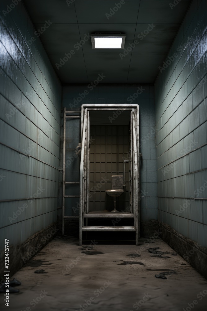 Poster a picture of a jail cell with a ladder and a window. can be used to depict imprisonment, escape, or 