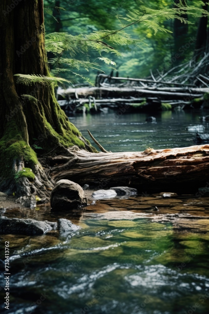 Poster A fallen tree blocking the flow of a river. Suitable for nature and environmental themes