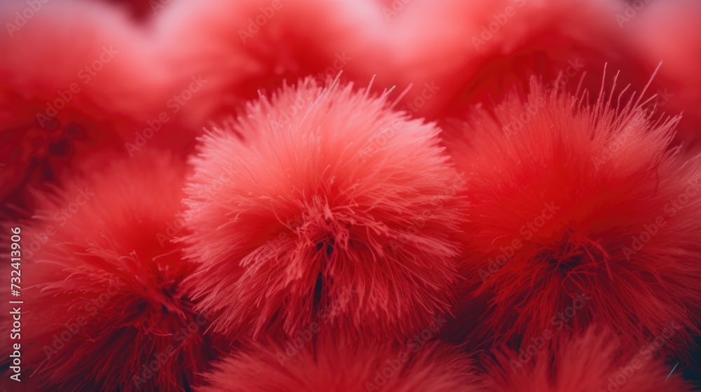 Leinwandbilder A close up view of a bunch of fluffy red pom poms. Perfect for adding a pop of color and texture to any project or decoration