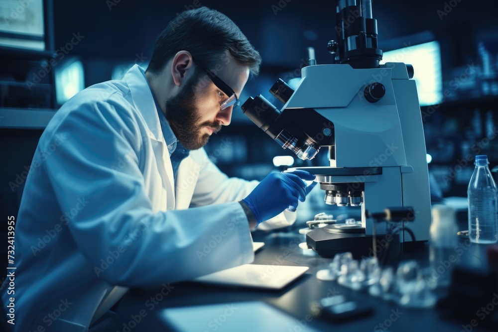 Poster a man wearing a lab coat is seen peering through a microscope. this image can be used to depict scie