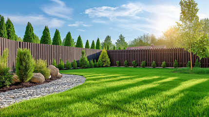 green grass lawn, plants and wooden fence in summer backyard patio - 732413903