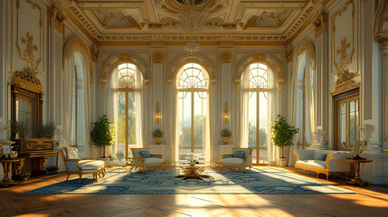 Fototapeta premium A German style living room with ornate gold details, large windows, and plush furniture.