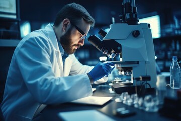 A man wearing a lab coat is seen peering through a microscope. This image can be used to depict scientific research, laboratory work, or education