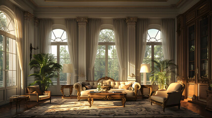 A German style living room with ornate gold details, large windows, and plush furniture.