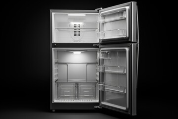 A black and white photo of an open refrigerator. This versatile image can be used to depict food storage, healthy eating, meal planning, or kitchen organization