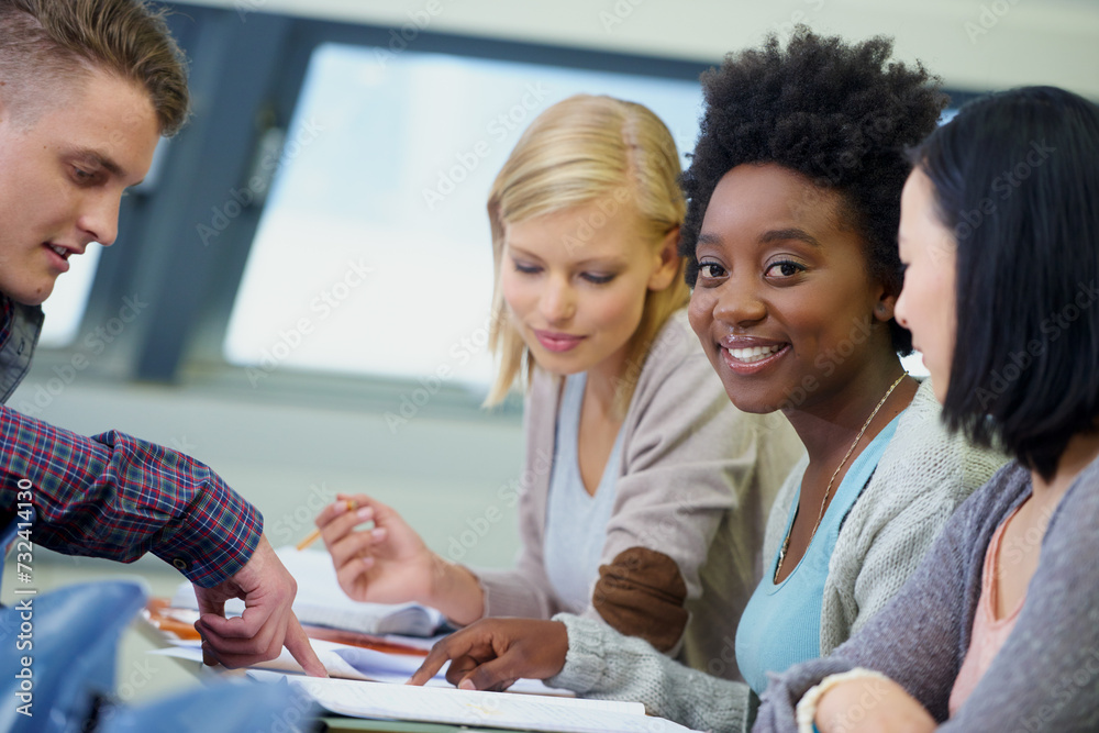 Sticker Students, teamwork and paperwork for group project in university for collaboration, assessment or education. Friends, face and diversity with smile on London campus or planning, proposal or knowledge