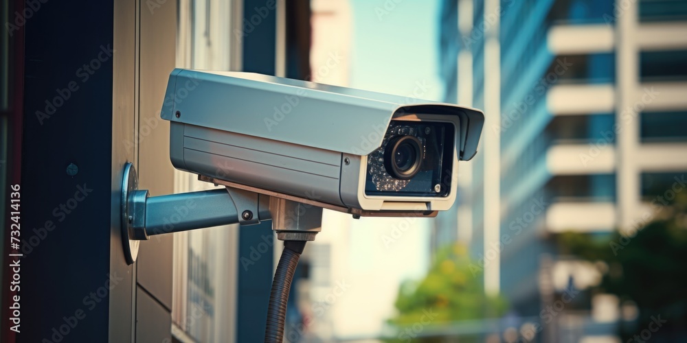 Poster a security camera mounted on the side of a building. can be used to monitor and ensure the safety of
