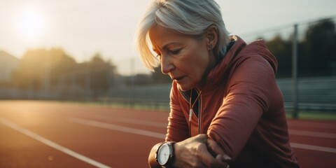A woman stretching her arm on a running track. Suitable for fitness, exercise, and sports-related themes