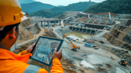 Engineer Analyzing Construction Plans on Tablet at Dam Site
