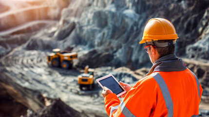 Construction Worker with Digital Tablet at Quarry
