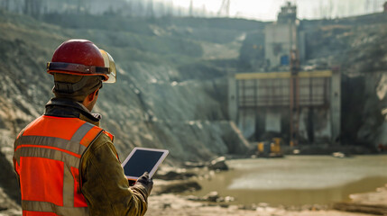 Engineer with Tablet Overlooking Mining Site

