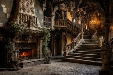 Photo sur Plexiglas Vieil immeuble Ancient Old castle inside. Budapest interior palace. Generate Ai