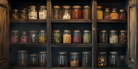 Rustic pantry shelves stocked with colorful jars of preserved food. home canning lifestyle. vintage kitchen decor. AI