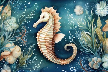 A painting of a sea horse swimming in the ocean. Perfect for marine-themed designs and educational materials