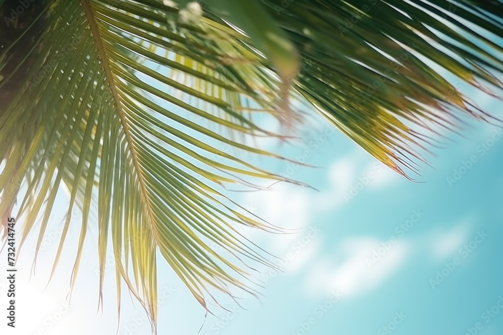 Poster A close-up view of a palm tree with a clear blue sky in the background. This image can be used to depict tropical vacations, relaxation, or a sense of tranquility