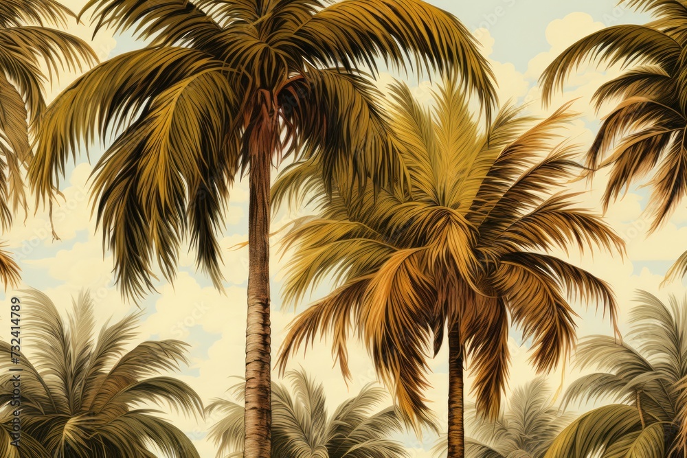 Poster A realistic painting of a group of palm trees. Perfect for adding a tropical touch to any space