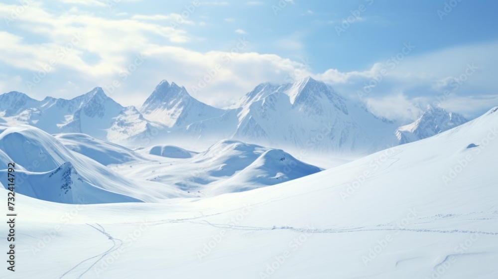 Poster a picturesque snow-covered mountain with visible tracks in the snow. this image can be used to depic