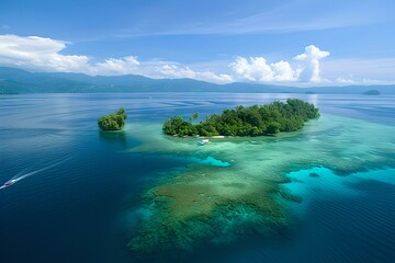 Tropical paradise aerial view. serene island amidst blue waters. perfect vacation spot. nature's beauty captured. AI