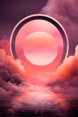 Abstract background with glowing circle over beautiful with magical clouds, futuristic landscape.