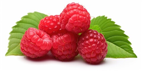 A pile of raspberries with leaves on a white background. Perfect for food and fruit-themed designs