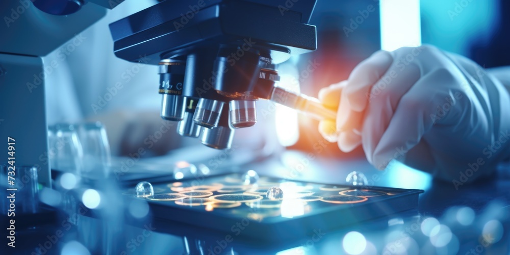 Poster Person using a microscope for close examination and analysis. Suitable for scientific research and laboratory concepts