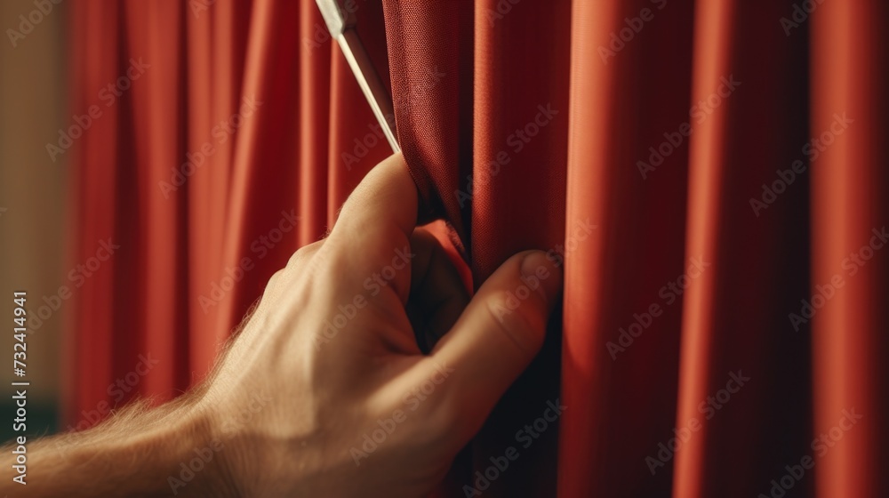 Poster a person holding a pair of scissors near a vibrant red curtain. suitable for various creative projec