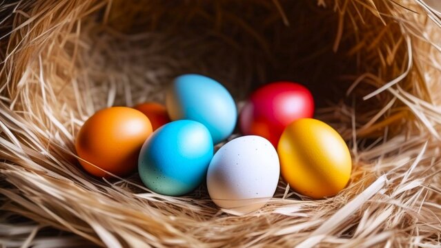 nest made of straw with colorful eggs nestled within. Easter celebrations and traditions, spring renewal, diversity and unity, nature and new beginnings concept. banner with copy space