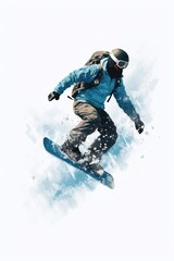 A man is pictured riding a snowboard down a snow-covered slope. This image can be used to depict winter sports or outdoor activities