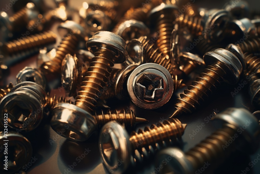 Poster a pile of screws sitting on top of a table. ideal for illustrating construction, diy projects, or ha