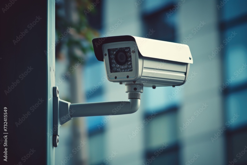 Poster a security camera mounted on the side of a building. can be used for surveillance and monitoring pur
