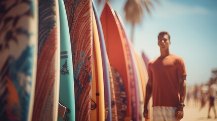 A man standing in front of a row of surfboards. Suitable for surfing-related designs and advertisements