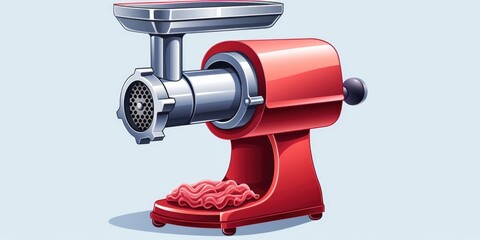 A red meat grinder sitting on top of a table. Suitable for culinary and kitchen-themed designs