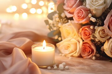 Fototapeta na wymiar A lit candle sits next to a beautiful bouquet of flowers. Perfect for creating a romantic and cozy atmosphere.
