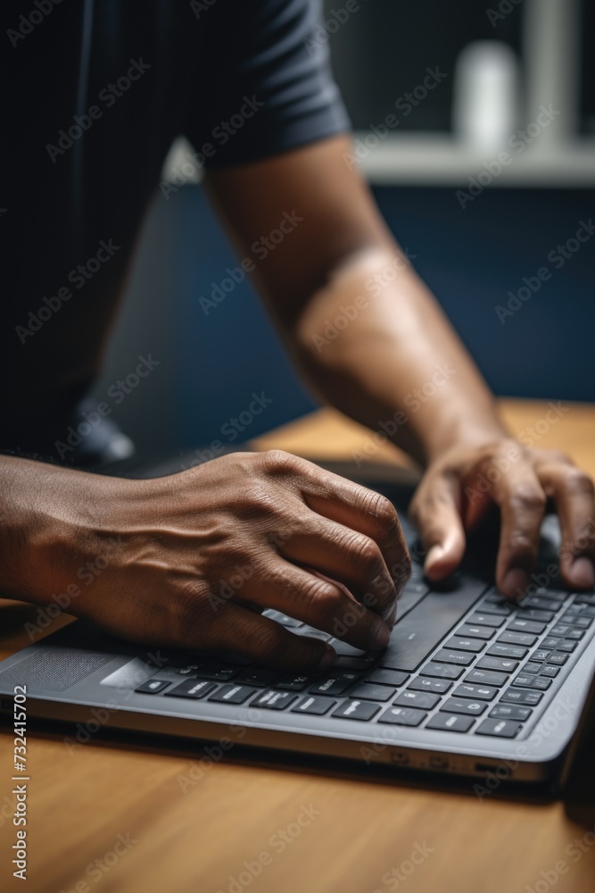 Poster a close-up view of a person typing on a laptop. perfect for illustrating technology, work, productiv